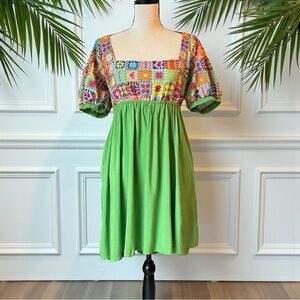 SMAK PARLOUR Green Crochet-Inspired Puff Sleeve Tie-Back Mini Dress - XL